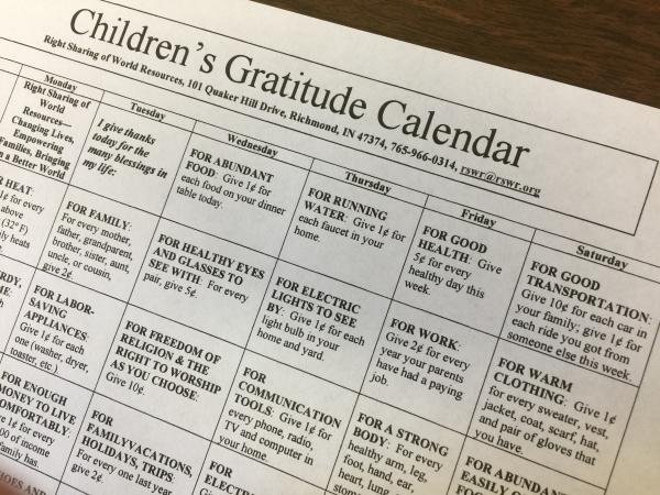 Children's gratitude calendar