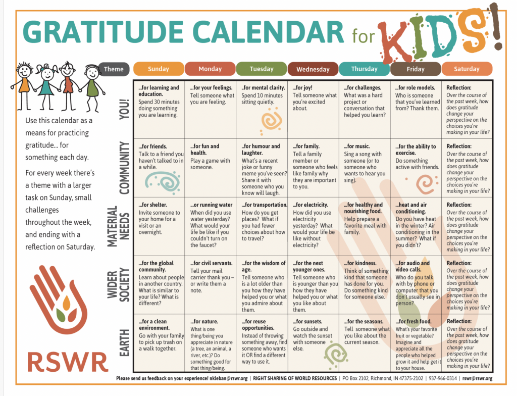 A document titled "Gratitude Calendar for Kids" 