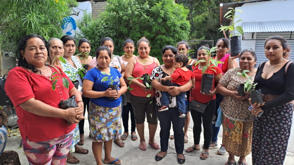 A group of women stand together holding plants