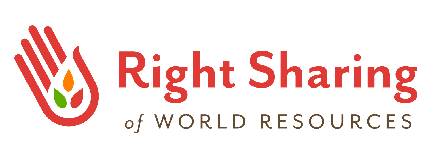 The RSWR logo is a small hand in orange with three seeds of orange, green and red with the text Right Sharing of World Resources.